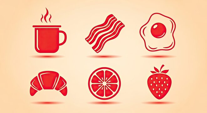 Red monochromatic vector icons for breakfast and brunch menu, featuring coffee, bacon, fried egg, croissant, orange, and strawberry.