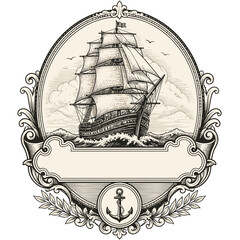 Vintage engraved sailing ship with ornate frame and anchor emblem © Devart