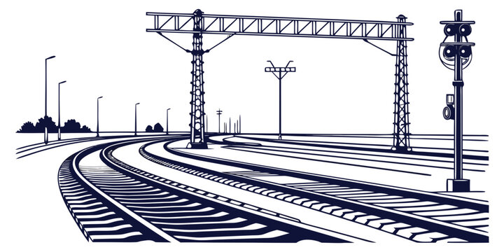 Illustration of railway tracks curving into the distance with metal gantry and signal lights train rails railroad trac