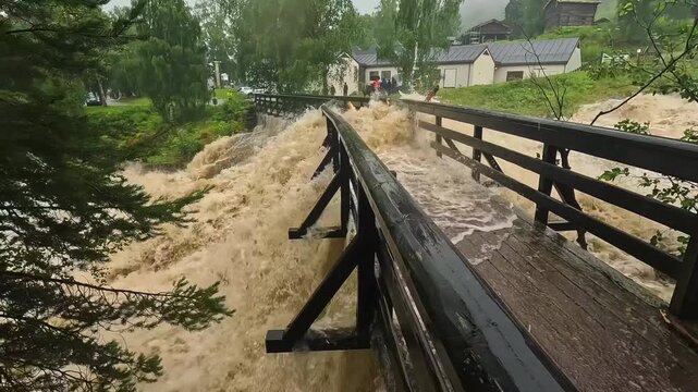 River overflowing violently and collapsing a wooden bridge as a result of heavy flooding.