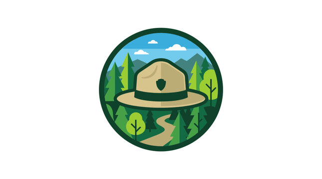 National Park Ranger Hat Emblem Vector with Forest and Mountain Landscape