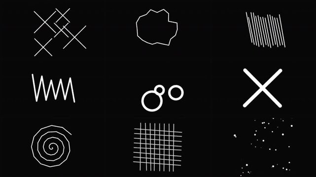 Minimal white line geometric shape animations grid on dark background, ideal for motion graphics, video editing and creative overlays.