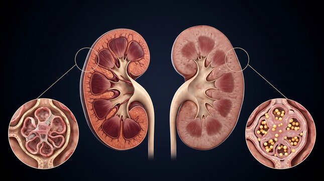 Comparison of healthy kidney anatomy with a kidney affected by kidney stones, showing internal structures and microscopic views.