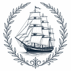 Vintage sailing ship sketch with laurel wreath frame on white background © Devart