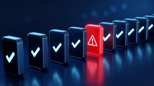 Risk Detection and Quality Control Concept with Warning Block Standing Out Among Approved Checks for Business Compliance Review