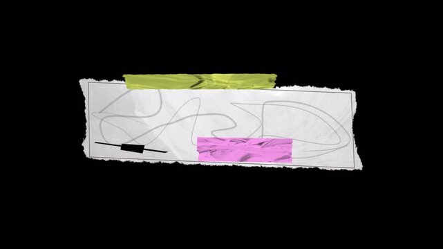 Torn paper note with abstract sketches and yellow tape on black background.