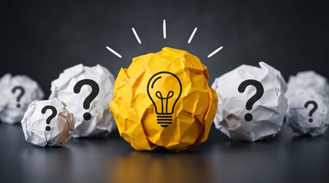 Creative Problem Solving Concept with Bright Light Bulb Emerging from Questions Representing Clarity, Innovation and Breakthrough Ideas