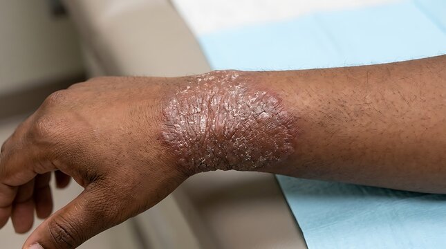 Close up view of a severe skin rash with scaling and inflammation on a human wrist and hand