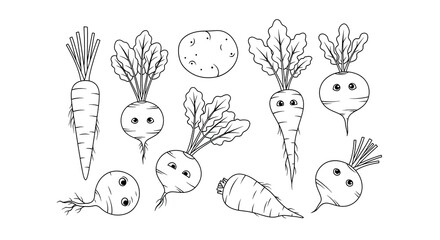 Fototapeta premium Monochrome line art vector illustration of various cute smiling root vegetables including carrots, radishes, and a potato in a simple cartoon style.