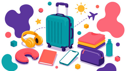 Vibrant suitcase surrounded by travel essentials. Colorful accessories hint at joyful journeys. Sun, plane, and stars suggest adventure ahead. Ideal for travel, packing, or vacation themes © LarisaM
