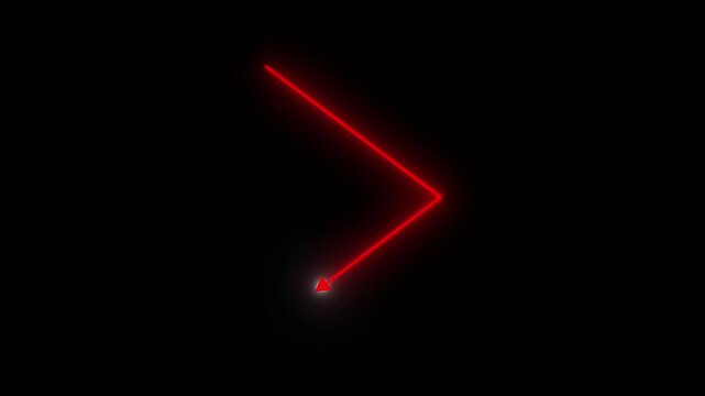 glowing red neon arrow pointer animation on black background. abstract neon light arrow pointing direction for user interface. minimalist digital red arrow indicator motion graphic element.