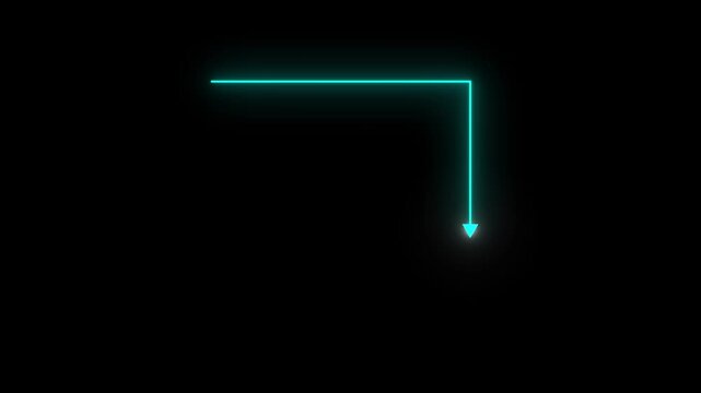 glowing neon arrow path animation on black background, futuristic data flow motion graphic element. cyan light beam forming a corner with pointer, minimalist ux ui element for digital projects.
