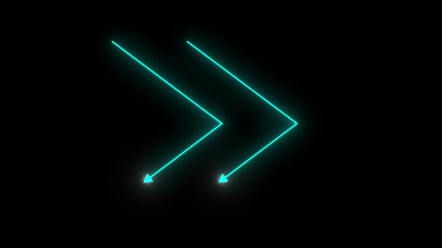 glowing neon cyan double arrow pointing right technology hud ui motion graphic element. modern glowing teal chevron arrows pointing right overlay element for video editing.