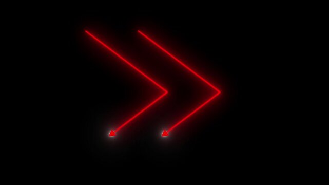 glowing red neon double arrow pointing right modern digital technology motion graphic background. abstract red laser glowing chevron arrows overlay for web ui design and video transition.