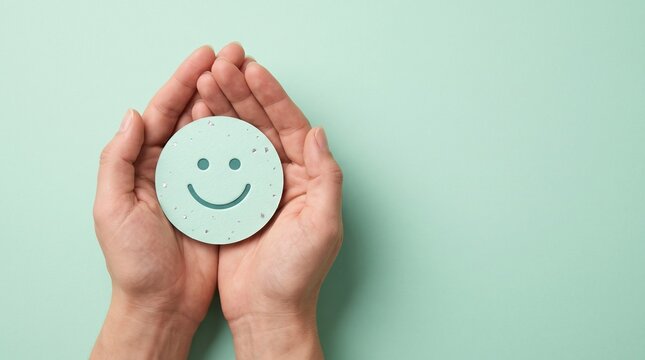 smiley face, hands, happy, emoji, mental health, positivity, yellow, purple, cupped hands, support, joy, kindness, wellness, emotion, satisfaction, feedback, rating, optimism, hope, care, holding, pap