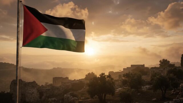 The flag of palestine waving in the wind over an ancient landscape during a dramatic golden sunset