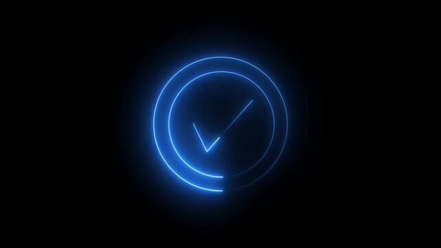 Glowing blue neon check mark icon inside a circular frame isolated on black background