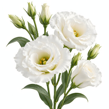 White eustoma lisianthus flowers with buds on green stems on white background.