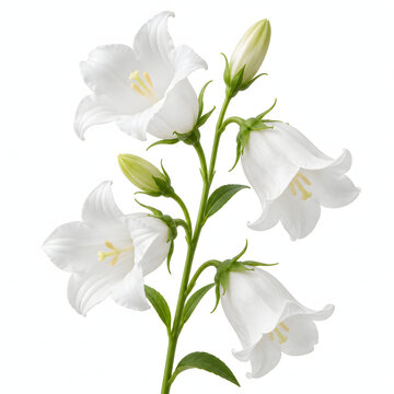 White bellflower campanula stem with elegant nodding blossoms on white backdrop.