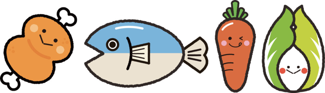生鮮食品のかわいいキャラクターイラスト 肉・魚・野菜セット
