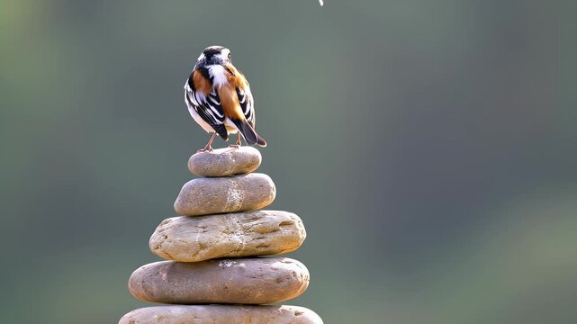 A small bird perched gracefully on a towering stack of smooth pebble stones in a tranquil setting