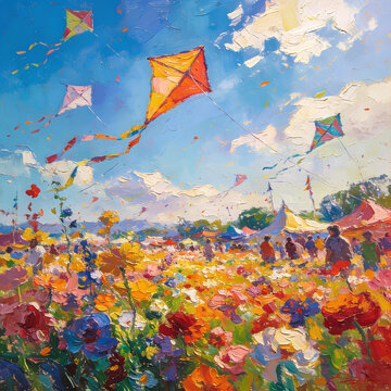 Vibrant Kite Festival in Flower Field