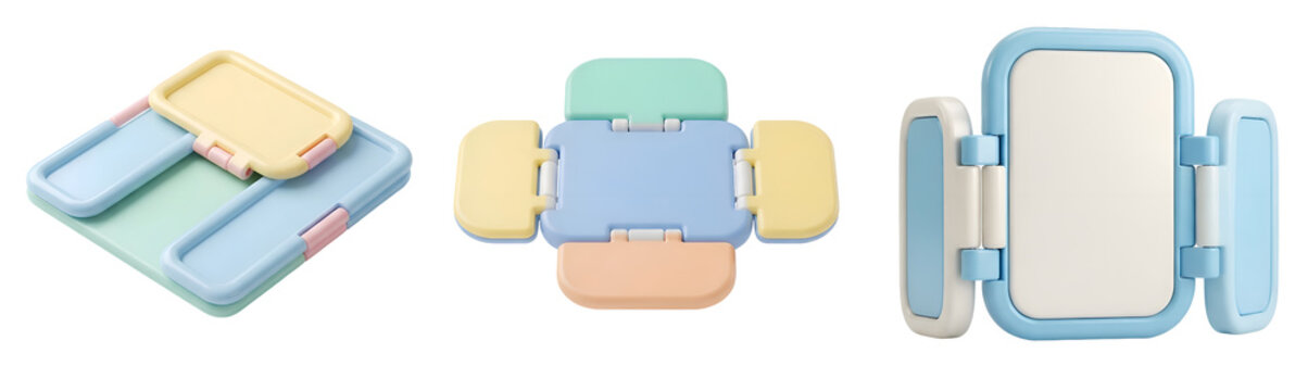 Pastel colored modular folding frames displayed in three different configurations featuring soft rounded edges and smooth plastic texture for decorative design work on transparent background
