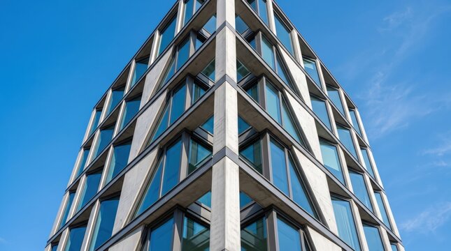 Modern architecture building facade with geometric concrete and glass windows against blue sky, low angle view of contemporary office tower, urban real estate development concept