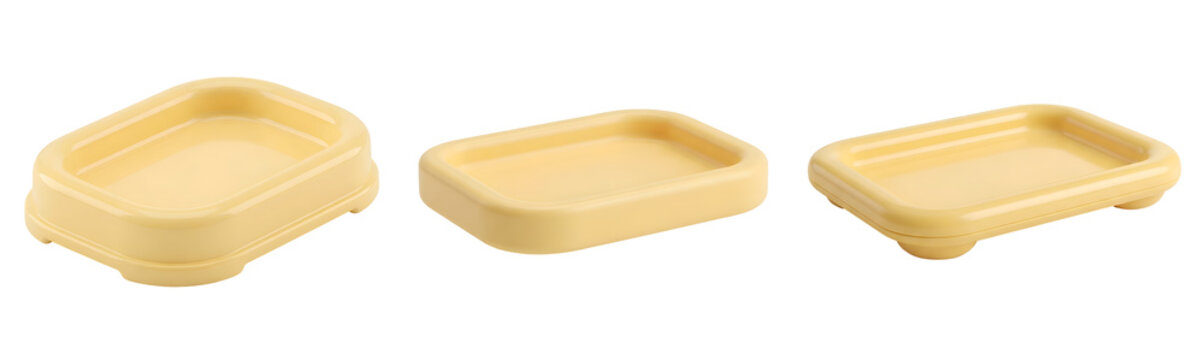 Yellow plastic bathroom soap dishes shown from three distinct isometric perspectives to offer a versatile utility collection presented as high quality objects on transparent background