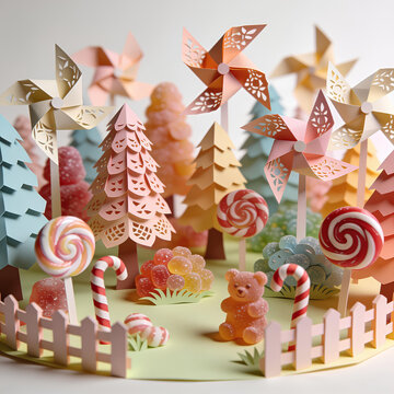 Whimsical Candy Land Scene Gummy Bears Lollipops and Pinwheels