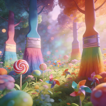 Whimsical Dreamscape Giant Paintbrushes as Trees in a Colorful Fantasy Garden