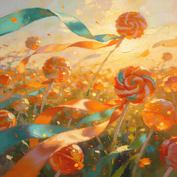 Whimsical lollipop field with flowing ribbons at sunset candy landscape vibrant colors