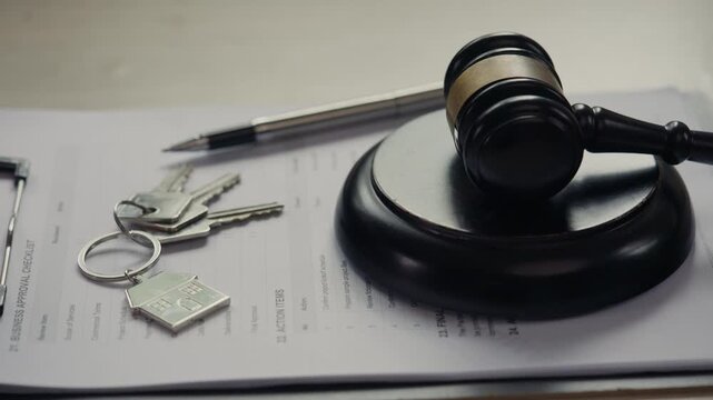 Judge Gavel and Keys on Legal Documents Representing Law and Property Justice