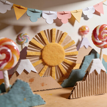 Whimsical Sun and Lollipop Mountains Craft Scene Colorful Paper Bunting