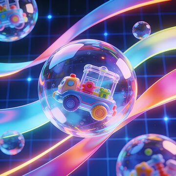 Whimsical Toy Truck in Bubble with Rainbow Ribbons and Grid Background