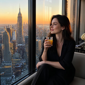 Woman enjoying sunset drink with New York City skyline view from high rise window