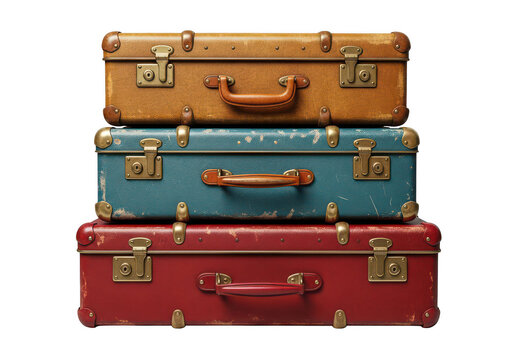Three colorful vintage travel suitcases stacked together isolated on transparent background