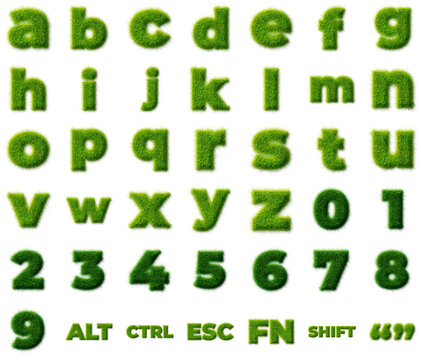 Full Alphabet and Numbers Set with Realistic Green Grass Texture for Nature Themed Typography
