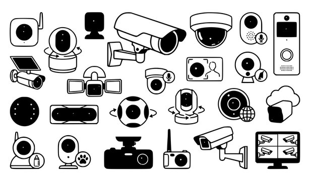 Modern smart security camera flat icons for CCTV surveillance WiFi monitoring and home protection
