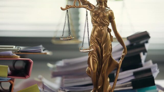 ady Justice Statue with Scales and Legal Documents in Law Office
