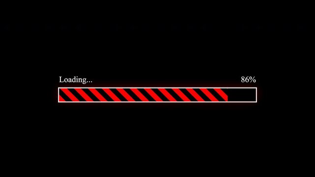Minimalist progress bar filling with red warning stripes against a black background, perfect for software installation, data loading and UI design.