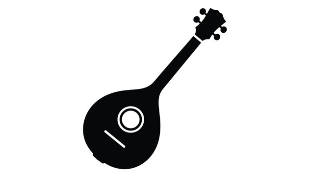 Elegant black silhouette of a classical mandolin stringed musical instrument isolated on a solid white background.