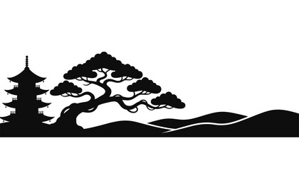 Fototapeta premium Traditional Japanese pagoda temple silhouette beside a bonsai pine tree and rolling hills over a white background.