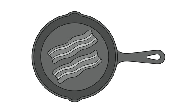 Cast iron skillet containing two strips of crispy cooked breakfast bacon viewed from above on a white background.
