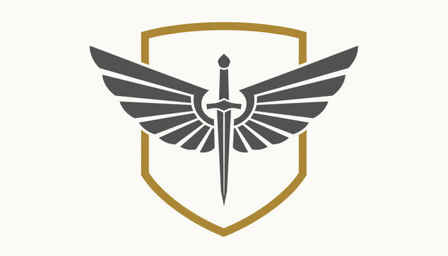 Military style emblem featuring a gray winged sword placed in the center of a gold shield outline on off-white.