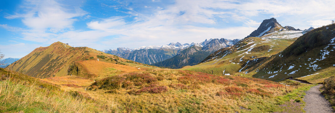 Wide view  from the Fellhorn summit  left side to Kanzelwand on the right. allgau alps in autumn