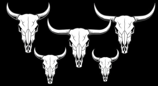 Set of five bull or steer skulls with horns on a black background. Western cattle skull vector illustration in a rustic, vintage style.