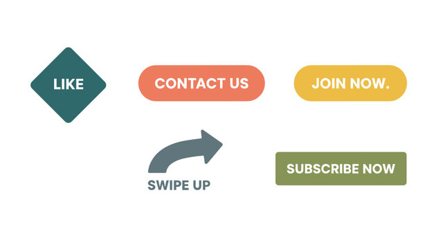 Social media action button set in modern flat style with like contact us join now swipe up and subscribe now labels.