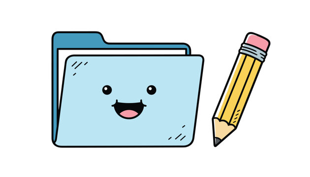Cute blue folder cartoon character with smiling face standing next to a yellow pencil vector illustration on white.