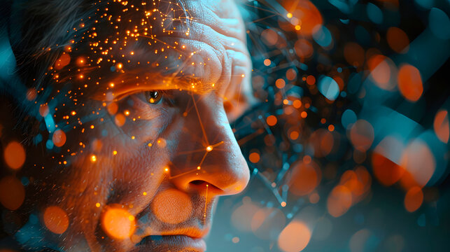 Transhumanism and cognitive science theme with a smart elderly male person looking at virtual HUD charts with gold light particles for book cover design advertisement